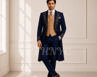 Navy Blue Tailcoat Suit for Men, Victorian Wedding Suit, Embroidered Formal Tuxedo, Regency Gentleman Outfit, Bespoke Suit