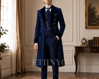 Men's Navy Blue Victorian Tailcoat Suit, Regency Wedding Suit, Double Breasted Frock Coat, Gothic Groom Outfit, Custom Tailored Formal Suit