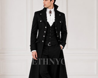 Herren Schwarzer Viktorianischer Frack Anzug, Gothic Militär Mantel, Regency Formelles Outfit, Steampunk Hochzeitsanzug, Nach Maß