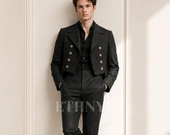 Men's Black Military Cropped Suit, Double Breasted Officer Jacket, Victorian Military Suit, Custom Formal Suit, Luxury Groom Outfit
