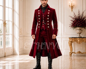 Burgundy Velvet Tailcoat for Men, Victorian Wedding Suit, Gothic Groom Outfit, Regency Formal Coat, Handmade Custom Suit