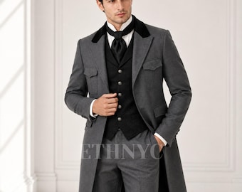 Costume queue-de-pie victorien gris anthracite pour homme, costume de mariage Régence, redingote gothique, tenue de marié steampunk, jaquette de prince sur mesure