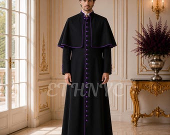 Black Catholic Priest Cassock with Shoulder Cape, Roman Clergy Robe, Purple Trim Bishop Cassock, Handmade Church Vestment, Custom Made