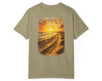 Outer Banks Beach Road T-Shirt, Coastal Tire Tracks Tee, East Coast Sunset Adventure Shirt, Ocean Road Trip Gift