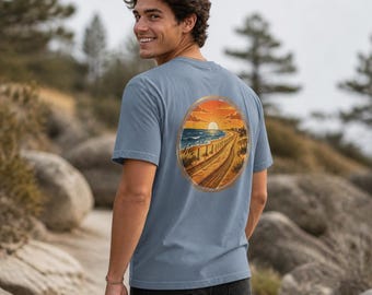Outer Banks Tire Tracks T-Shirt, Circle Beach Emblem Back, Coastal Sunset Adventure Tee, OBX Road Trip Gift