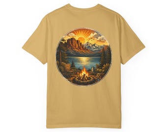 Lakeside Camping T-Shirt, Mountain Lake Scenic Tee, Vintage Outdoor Adventure Shirt, Campfire Gift