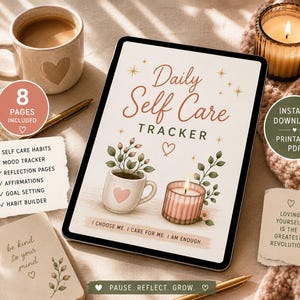May include: A digital tablet displaying a Daily Self Care Tracker with illustrations of a mug and a candle. The screen features the text Daily Self Care Tracker, I choose me. I care for me. I am enough. and Pause. Reflect. Grow. surrounded by stars.