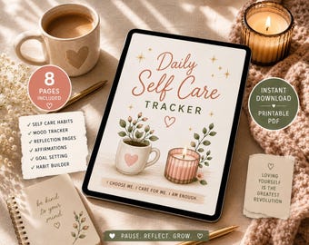 Pode incluir: Um tablet digital exibindo um Daily Self Care Tracker com ilustrações de uma caneca e uma vela. A tela apresenta o texto Daily Self Care Tracker, I choose me. I care for me. I am enough. e Pause. Reflect. Grow. cercado por estrelas.
