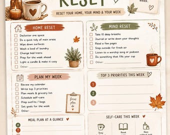 Pode incluir: Uma folha de planeamento "Fall Sunday Reset" com secções para casa, mente e semana. O design inclui ilustrações de outono como abóboras, folhas e canecas, com textos como "Reset your home, your mind & your week" e "Progress, not perfection."