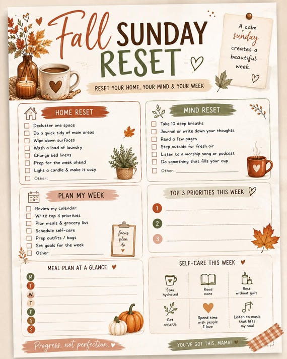 Fall Sunday Reset Checklist, Cozy Weekly Planner (PDF Download)