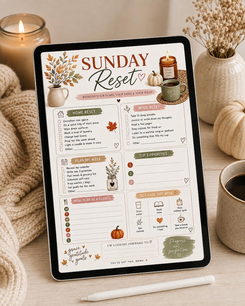 May include: A digital tablet displaying a Sunday Reset planner template with autumn-themed illustrations. The layout includes sections for Home Reset, Mind Reset, Plan My Week, Top 3 Priorities, Meal Plan, and Self-Care, featuring text and icons.