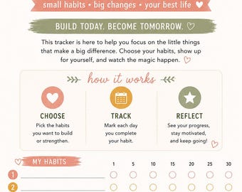 Pode incluir: Uma folha de rastreamento de hábitos de 30 dias com ilustrações de um girassol e uma planta em vaso. O texto diz Savor & Simplify 30 Day Habit Tracker, small habits big changes your best life, Build Today. Become Tomorrow e How it works.