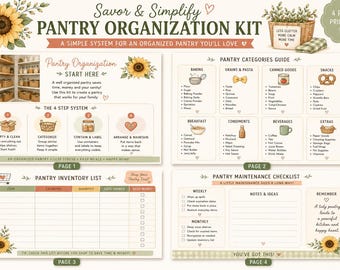 Pode incluir: Um kit de organização de despensa imprimível de quatro páginas com ilustrações de girassóis e texto, incluindo Savor & Simplify Pantry Organization Kit, um sistema de 4 passos, um guia de categorias, uma lista de inventário e checklist.