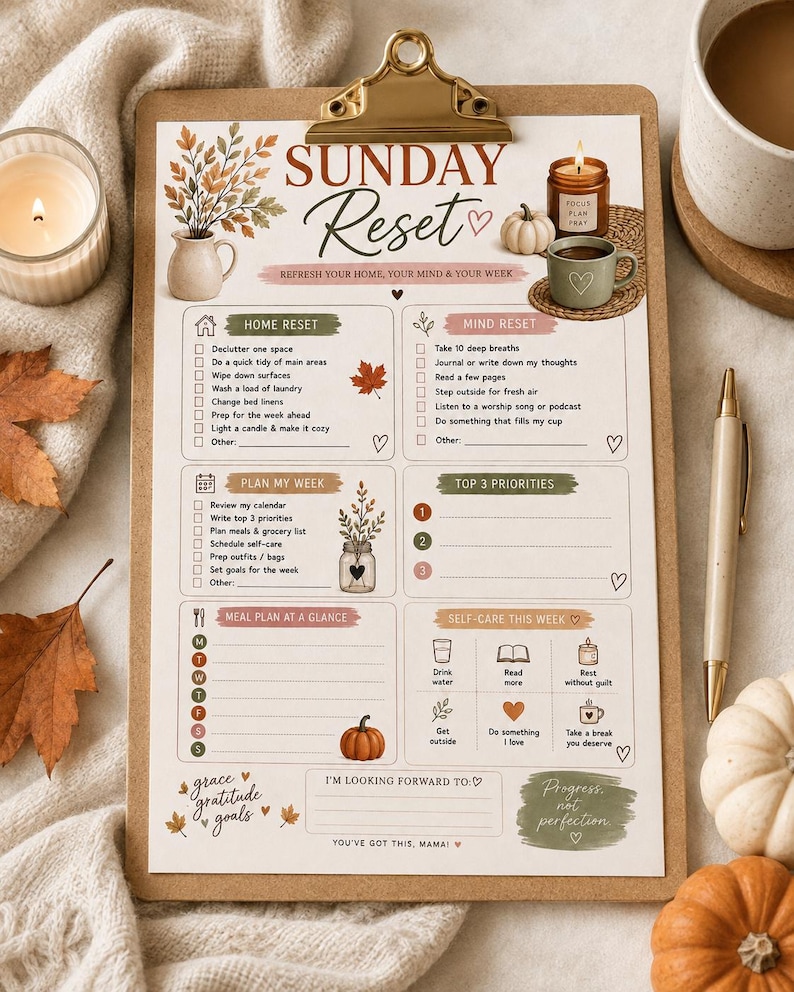 May include: A Sunday Reset checklist printed on paper and held by a brown clipboard. The document features sections for home and mind tasks, weekly planning, meal planning, and self-care, decorated with autumn-themed illustrations of leaves and pumpkins.