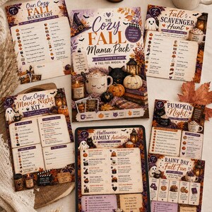 May include: A collection of printed activity sheets titled The Cozy Fall Mama Pack, including a bucket list, scavenger hunt, movie night kit, pumpkin night guide, and family activities, all featuring autumn-themed illustrations of pumpkins and ghosts.