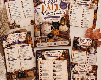 Pode incluir: Uma coleção de folhas de atividades impressas intituladas The Cozy Fall Mama Pack, incluindo uma lista de desejos, caça ao tesouro, kit de noite de cinema, guia de noite de abóboras e atividades familiares, com ilustrações de abóboras e fantasmas.