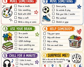 Pode incluir: Um gráfico de atividades colorido intitulado "What Can I Do?" apresentando seis categorias numeradas: Make Something, Move Something, Use Your Brain, Help Somebody, Chill For A Minute e Surprise Me. Cada seção inclui caixas de seleção.