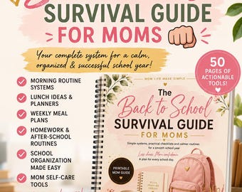 Guia de Sobrevivência para a Volta às Aulas para Mamães | Planejador de Organização Escolar | Planejador de Lanches | Rotina Matinal | PDF Digital