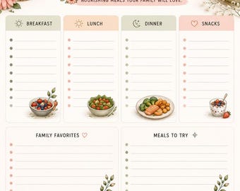 Pode incluir: Uma folha de planeamento de refeições intitulada "Savor & Simplify Meal Ideas" com secções para pequeno-almoço, almoço, jantar, lanches, favoritos e receitas a experimentar. Inclui ilustrações de taças com comida, uma vela e canecas com corações.