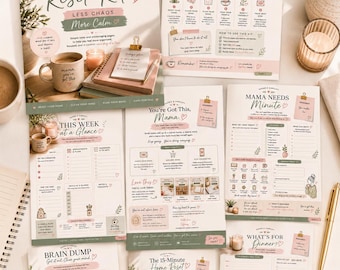 Pode incluir: Uma coleção de páginas de planejador impressas intitulada The Busy Mama Reset Kit, com cores pastel suaves, ilustrações botânicas e listas de verificação para gestão doméstica, planejamento de refeições e clareza mental, com texto como Mama Needs Minute.