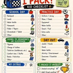 May include: A printed kid checklist titled THE WHAT DO I PACK? featuring sections for School Day, Practice Day, Sleepover, Day Out, and My Extras. It includes colorful illustrations of a backpack, sports gear, and a gold trophy with the text PACKING CHAMP.