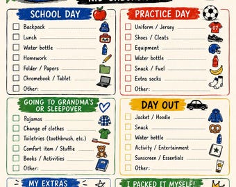 Pode incluir: Uma lista de verificação impressa para crianças intitulada THE WHAT DO I PACK? com seções para escola, esportes, festas do pijama, passeios e extras. Inclui ilustrações coloridas de uma mochila, equipamento esportivo e um troféu com PACKING CHAMP.
