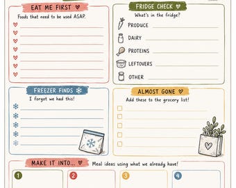 Pode incluir: Uma folha de planeamento de inventário de cozinha intitulada Use it BEFORE YOU LOSE IT! com secções para Eat Me First, Fridge Check, Freezer Finds, Almost Gone, Make It Into e This Week I Saved. Inclui ilustrações de tomate, leite e mealheiro.