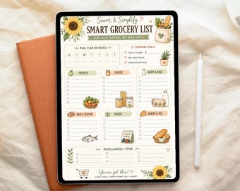 Pode incluir: Um tablet digital exibindo um modelo de lista de compras Savor & Simplify Smart Grocery List. A página apresenta seções para planejamento de refeições, metas de compras e listas categorizadas com ilustrações de produtos e alimentos.