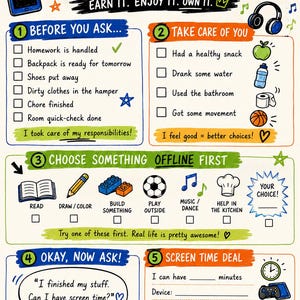 May include: A screen time checklist poster featuring the title CAN I HAVE SCREEN TIME? EARN IT. ENJOY IT. OWN IT. The chart includes five numbered sections with checkboxes, illustrations of electronics, snacks, and activities, and text prompts for daily responsibilities and offline tasks.