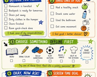 Pode incluir: Um cartaz de lista de verificação de tempo de tela com o título CAN I HAVE SCREEN TIME? EARN IT. ENJOY IT. OWN IT. O gráfico inclui cinco seções numeradas com caixas de seleção, ilustrações de eletrônicos, lanches e atividades, e avisos de texto para responsabilidades diárias.