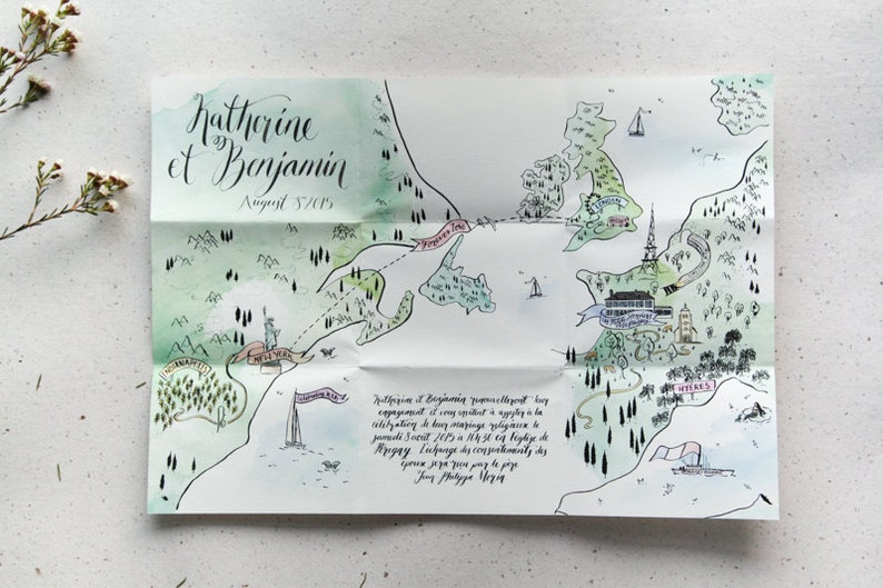 Custom Illustrated Large Map Invitation Unique Wedding Stationery image 3