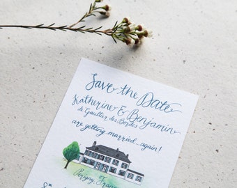 Custom illustré & peint Save the Date - papeterie de mariage Unique