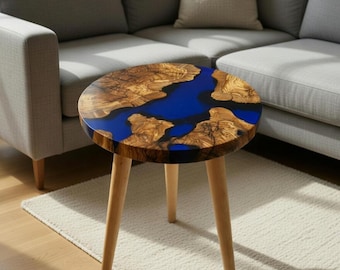 Handmade Olive Wood  Royal Blue Epoxy Resin Side Table  Luxury Round End Table  Modern Rustic Accent Table  Unique River Table Decor