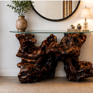 Custom Tree Root Console Table with Glass Top, Organic Entryway Table, Sculptural Wood Furniture, Made to Order