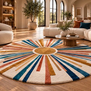Può includere: Un grande tappeto circolare caratterizzato da un cerchio centrale giallo senape con raggi solari radianti in tonalità alternate di blu profondo, ottanio, terracotta e giallo senape su uno sfondo color crema con finitura a pelo strutturato.