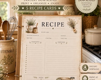 May include: A digital download recipe card template featuring a cream-colored background with brown text and illustrations of a pitcher, herbs, and a mixing bowl. The card includes sections for recipe name, ingredients, directions, and notes.