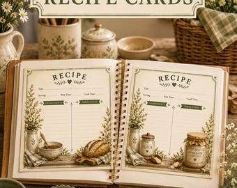 May include: A set of 10 recipe cards featuring a cream background with green botanical illustrations of flowers and kitchen items. The cards include printed fields for title, serving, prep time, cook time, ingredients, and directions. Text reads 10 COTTAGE CORE RECIPE CARDS.