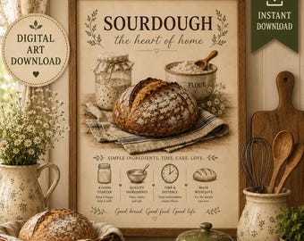 May include: A digital art print featuring a loaf of sourdough bread, a jar of starter, and a bowl of flour. The text reads SOURDOUGH the heart of home, SIMPLE INGREDIENTS. TIME. CARE. LOVE., and Good. bread. Good food. Good life. with baking icons.