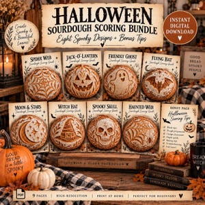 Puede incluir: Un paquete digital de guías para decorar pan de masa madre con temática de Halloween, que incluye ocho diseños imprimibles como telaraña, calabaza, fantasma, murciélago, luna, sombrero de bruja y calavera, además de una página con consejos.