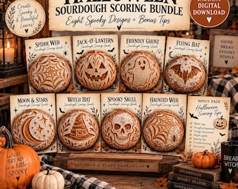 May include: A digital Halloween sourdough scoring bundle featuring eight printable guides with designs like a spider web, jack-o-lantern, ghost, bat, moon, witch hat, and skull, plus a bonus page with scoring tips, all presented on a rustic wooden surface.