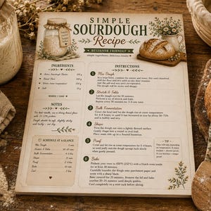 Puede incluir: Una tarjeta de receta impresa titulada Simple Sourdough Recipe con secciones para ingredientes, instrucciones, notas y un horario. La tarjeta presenta ilustraciones de un frasco de masa madre, una hogaza de pan y detalles florales en tonos marr&oacute;n y crema.