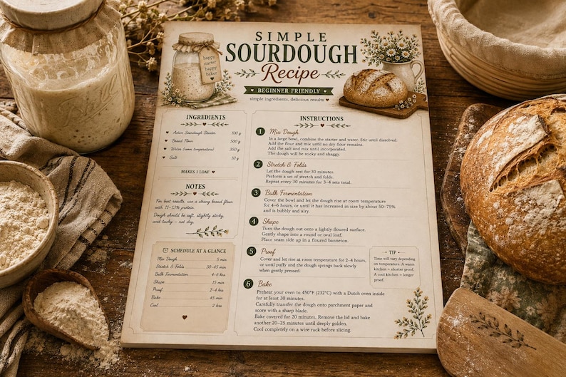 Puede incluir: Una tarjeta de receta impresa titulada Simple Sourdough Recipe con secciones para ingredientes, instrucciones, notas y un horario. La tarjeta presenta ilustraciones de un frasco de masa madre, una hogaza de pan y detalles florales en tonos marr&oacute;n y crema.