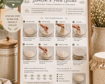 May include: A framed Sourdough Stretch & Fold Guide featuring step-by-step instructions with illustrations of dough in a glass bowl. The text includes tips on timing, technique, and signs of dough strength, with a final note to be patient and trust the process.