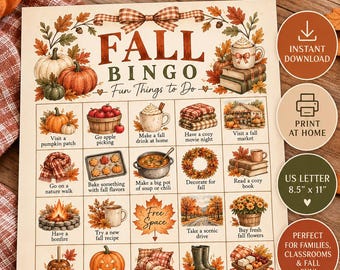 May include: A Fall Bingo printable activity sheet featuring a 5x5 grid of seasonal illustrations and text, including a free space, with a title reading FALL BINGO Fun Things to Do. The sheet is US Letter size, measuring 8.5 inches by 11 inches.