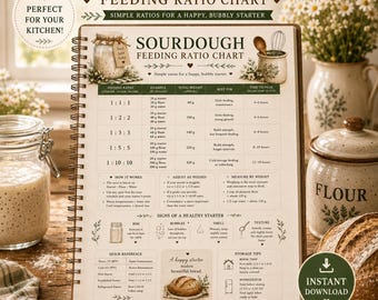 May include: A spiral-bound sourdough feeding ratio chart printed on paper. The chart features a table with feeding ratios, weight examples, and timing. It includes sections on how it works, signs of a healthy starter, and storage tips with text in English.