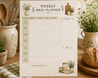 May include: A weekly meal planner template featuring a grid for breakfast, lunch, dinner, and snacks, a grocery list, and a notes section. The design includes botanical illustrations of flowers and kitchen items in a neutral, cream-colored layout.