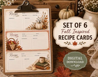 May include: A set of six recipe cards featuring fall-themed illustrations including a white pumpkin, a basket of apples, and a mug on books. The cards have printed fields for recipe name, serves, prep time, cook time, ingredients, and directions.