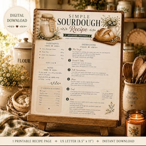 Puede incluir: Una tarjeta de receta digital titulada Simple Sourdough Recipe, que incluye una lista de ingredientes, instrucciones paso a paso, un horario y notas. El dise&ntilde;o presenta ilustraciones de un frasco de masa madre y un pan.