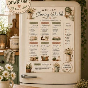May include: A weekly cleaning schedule chart with a cream background, featuring floral illustrations and organised daily tasks from Monday to Sunday. The text includes headings for each day, a daily habits list, and a digital download badge.