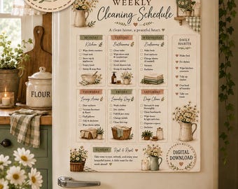 May include: A weekly cleaning schedule chart with a cream background, featuring floral illustrations and organized daily tasks from Monday to Sunday. The text includes headings for each day, a daily habits list, and a digital download badge.